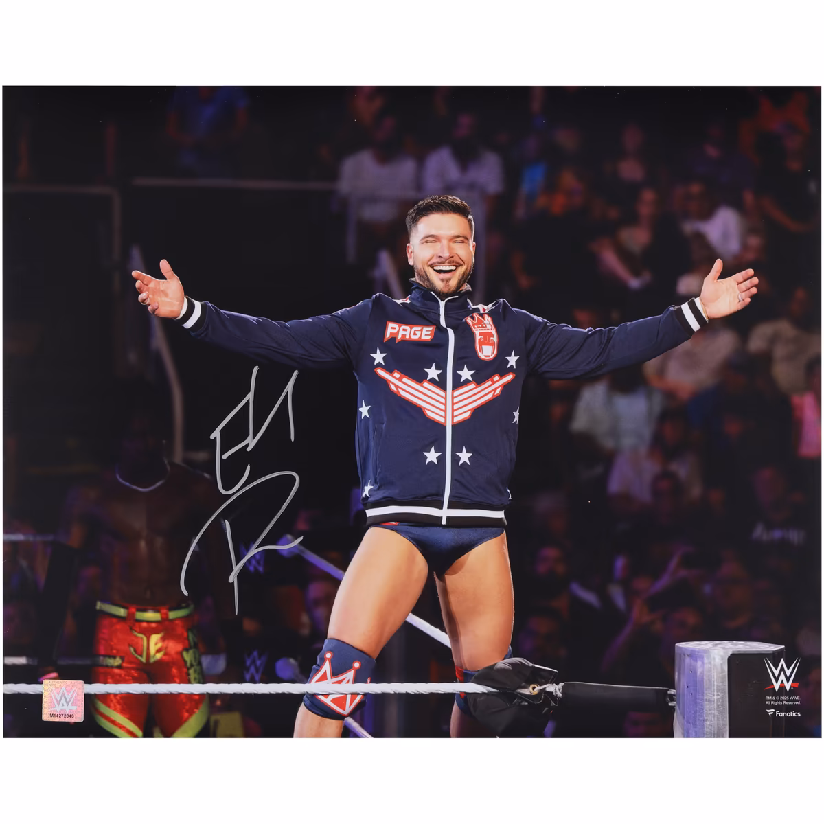 Ethan Page WWE Autographed 16" x 20" On The Ropes Arms Out Photograph