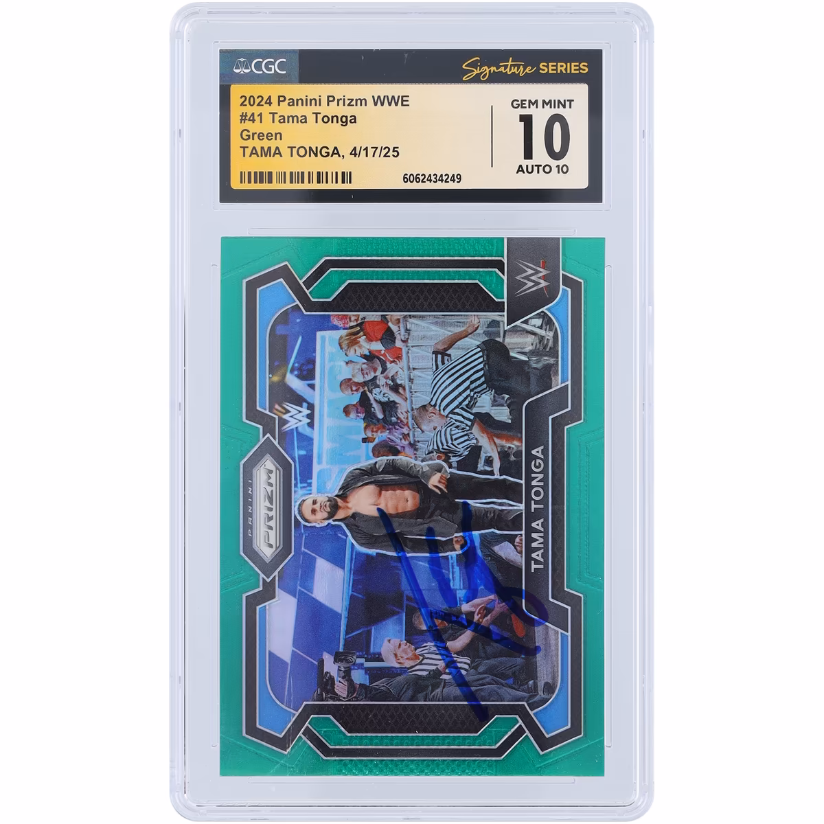 Tama Tonga WWE Autographed 2024 Panini Prizm Green Prizm #41 CGC Fanatics Witnessed Authenticated 10/10 Card