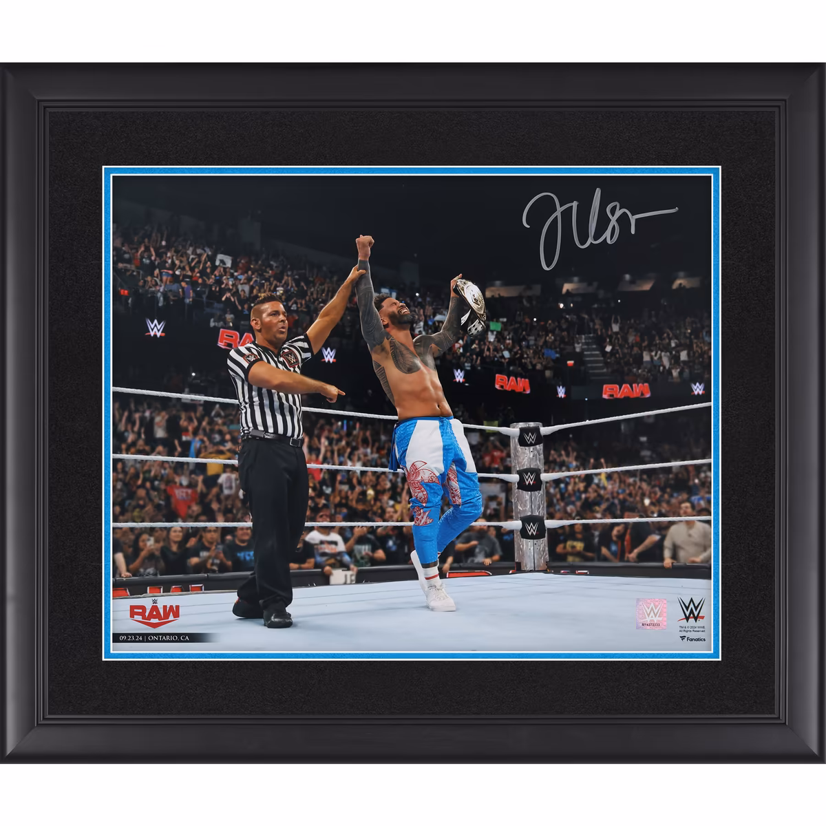 Jey Uso WWE Autographed Framed 16" x 20" Raising Intercontinental Championship Photograph 1 Jey Uso WWE Autographed Framed 16" x 20" Raising Intercontinental Championship Photograph