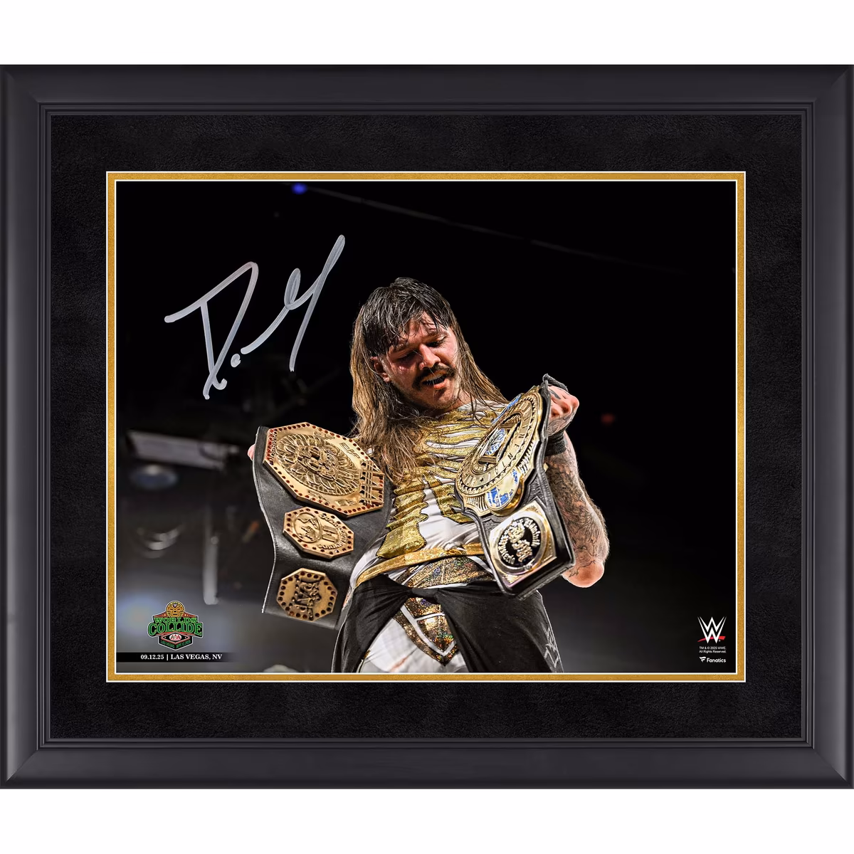 Dominik Mysterio WWE Autographed Framed 16" x 20" AAA Worlds Collide Holding Both Titles Photograph 4 Dominik Mysterio WWE Autographed Framed 16" x 20" AAA Worlds Collide Holding Both Titles Photograph