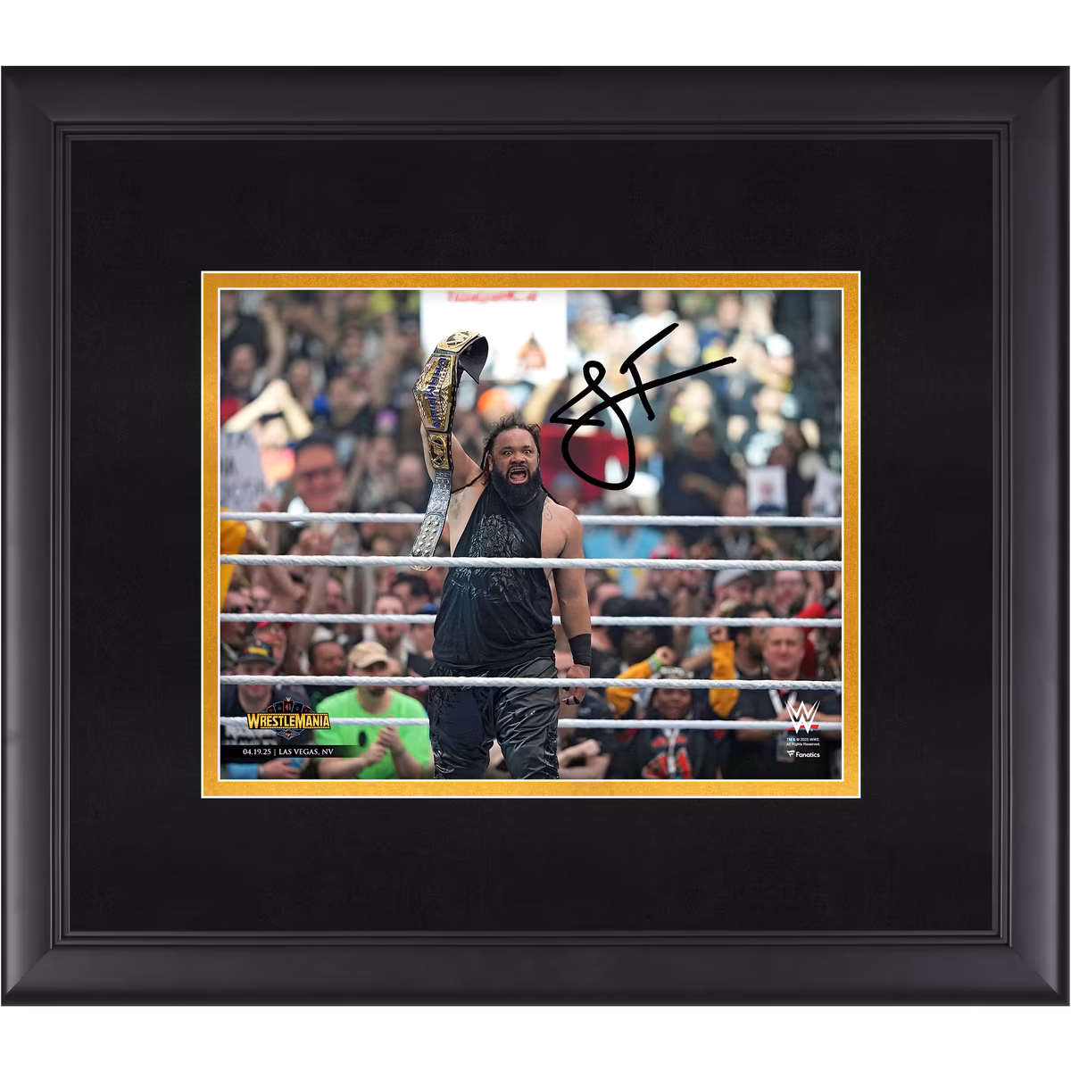 Jacob Fatu WWE Autographed Framed 8" x 10" WrestleMania 41 Raising Title Photograph 2 Jacob Fatu WWE Autographed Framed 8" x 10" WrestleMania 41 Raising Title Photograph