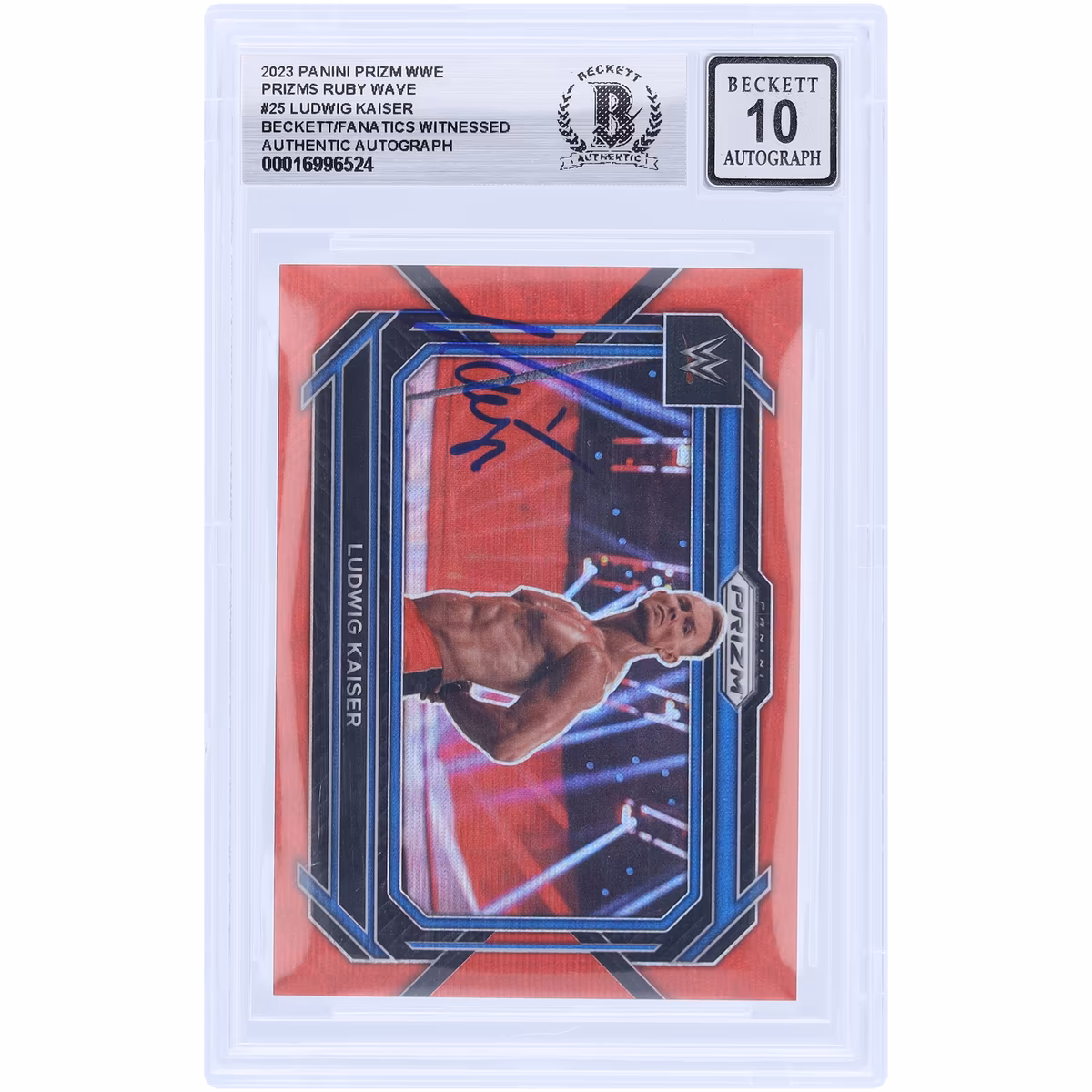 Ludwig Kaiser WWE Autographed 2023 Panini Prizm Ruby Wave Prizm #25 Beckett Fanatics Witnessed Authenticated 10 Card 5 Ludwig Kaiser WWE Autographed 2023 Panini Prizm Ruby Wave Prizm #25 Beckett Fanatics Witnessed Authenticated 10 Card