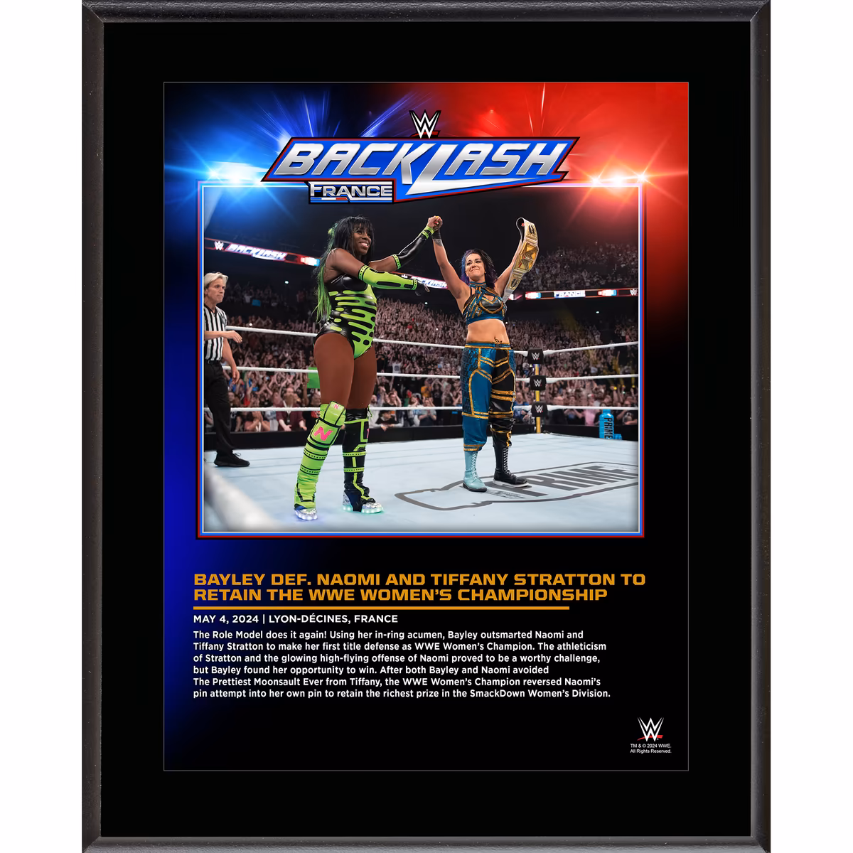 Bayley WWE 10.5" x 13" 2024 Backlash Sublimated Plaque 9 Bayley WWE 10.5" x 13" 2024 Backlash Sublimated Plaque