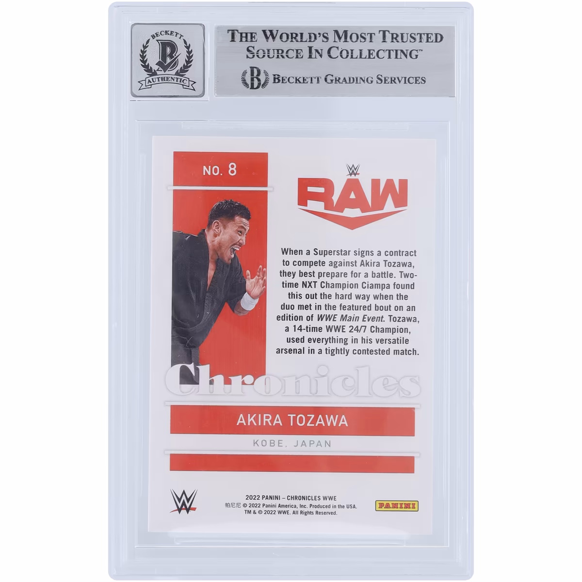 Akira Tozawa WWE Autographed 2022 Panini Chronicles Bronze #8 Beckett Fanatics Witnessed Authenticated 10 Card 3 Akira Tozawa WWE Autographed 2022 Panini Chronicles Bronze #8 Beckett Fanatics Witnessed Authenticated 10 Card