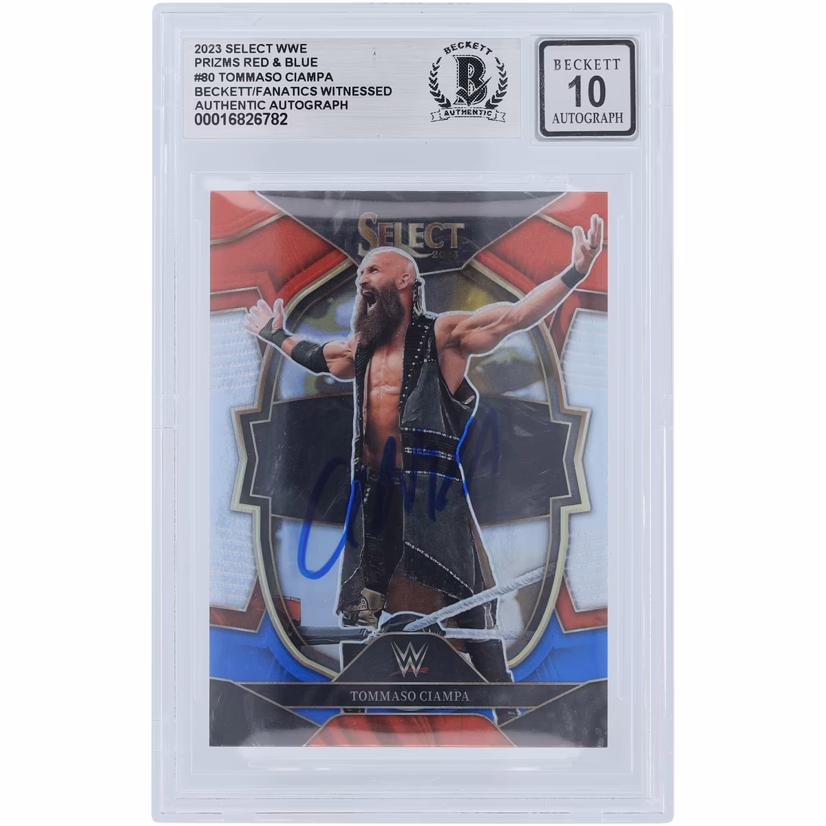 Tommaso Ciampa WWE Autographed 2023 Panini Select Red & Blue Prizm #80 Beckett Fanatics Witnessed Authenticated 10 Card