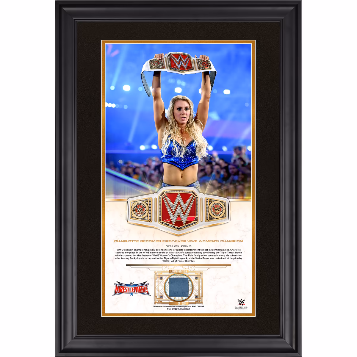 Charlotte Flair WWE Framed Golden Moments 10" x 18" WrestleMania 32 Collage with a Piece of Match-Used Canvas - Limited Edition of 250 1 Charlotte Flair WWE Framed Golden Moments 10" x 18" WrestleMania 32 Collage with a Piece of Match-Used Canvas - Limited Edition of 250