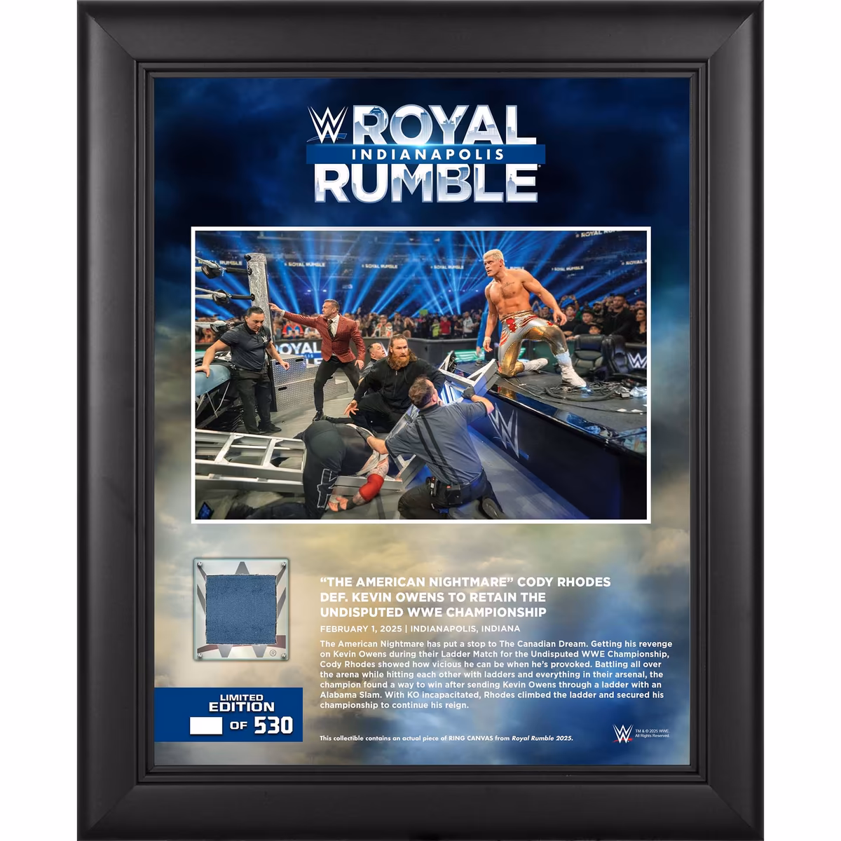 Cody Rhodes WWE Framed 13" x 16" 2025 Royal Rumble Collage with a Piece of Match-Used Canvas - Limited Edition of 530