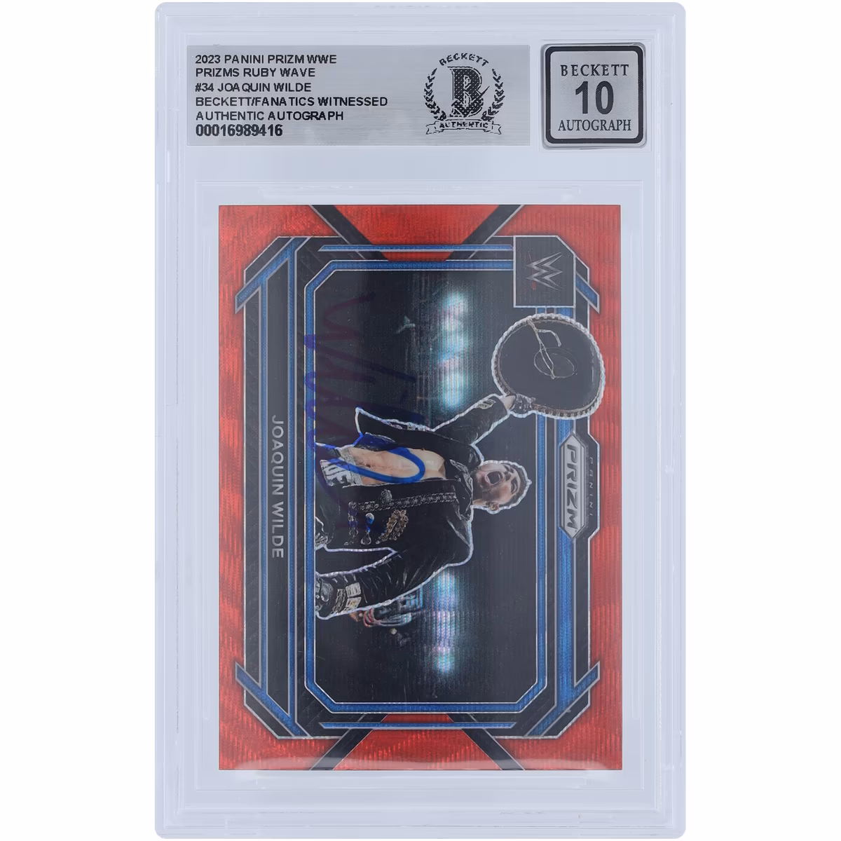 Joaquin Wilde WWE Autographed 2023 Panini Prizm Ruby Wave Prizm #34 Beckett Fanatics Witnessed Authenticated 10 Card