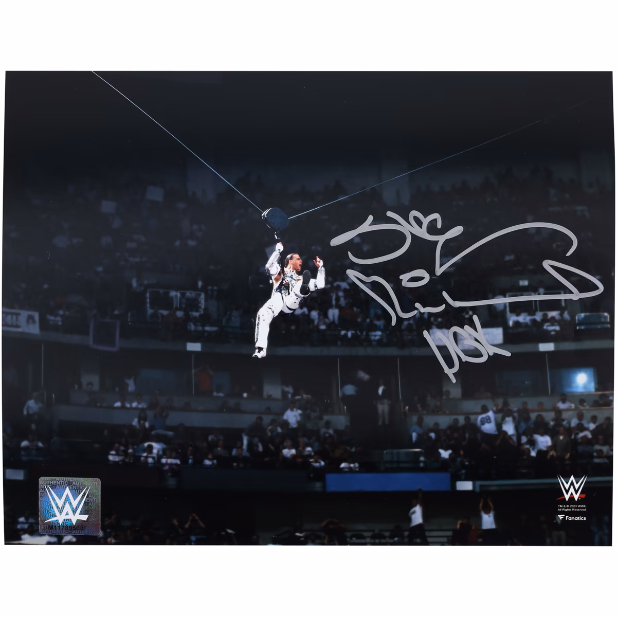Shawn Michaels WWE Autographed 8" x 10" WrestleMania 12 Entrance Zipline Photograph