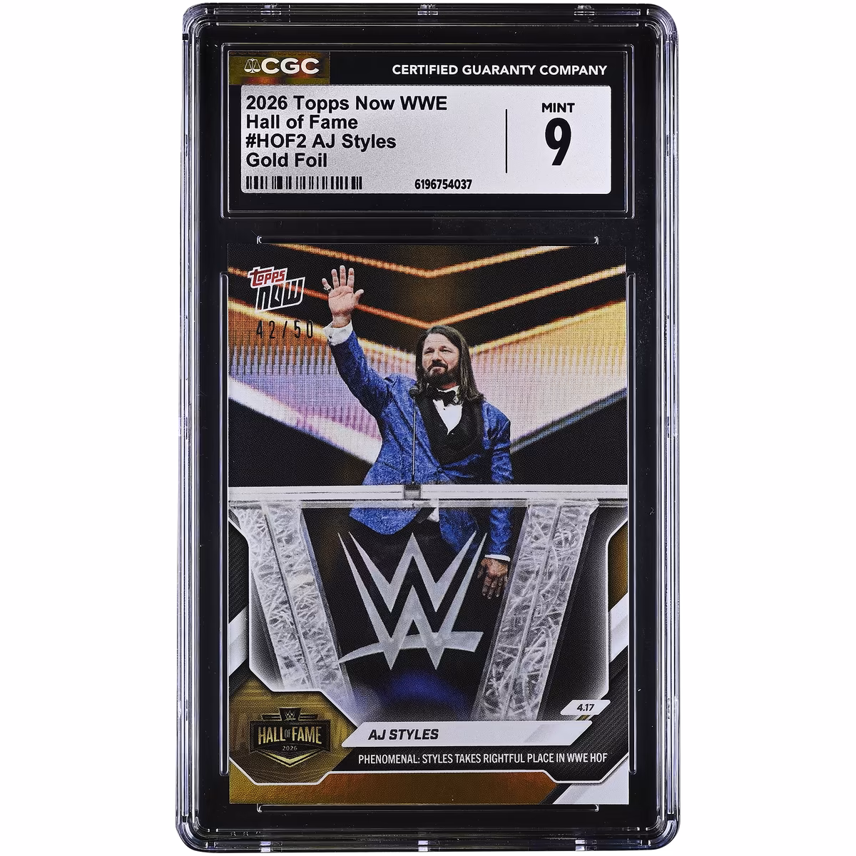 AJ Styles WWE 2026 Topps Now Hall of Fame Gold Foil #HOF2 #/50 CGC Authenticated 9 Card 1 AJ Styles WWE 2026 Topps Now Hall of Fame Gold Foil #HOF2 #/50 CGC Authenticated 9 Card