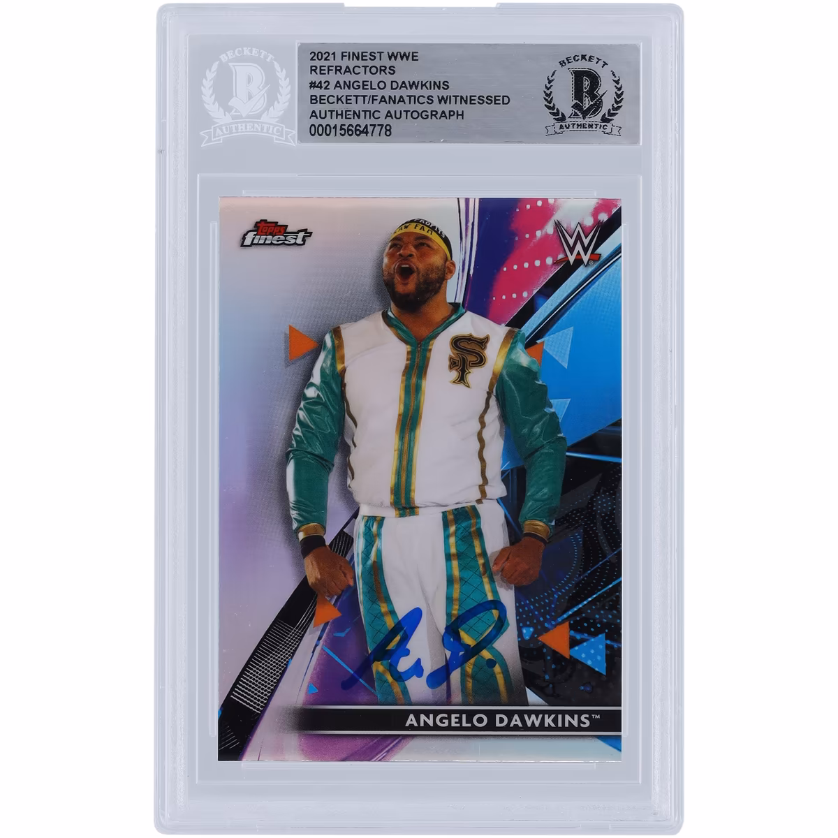 Angelo Dawkins WWE Autographed 2021 Topps Finest Refractors #42 Beckett Fanatics Witnessed Authenticated Card 2 Angelo Dawkins WWE Autographed 2021 Topps Finest Refractors #42 Beckett Fanatics Witnessed Authenticated Card