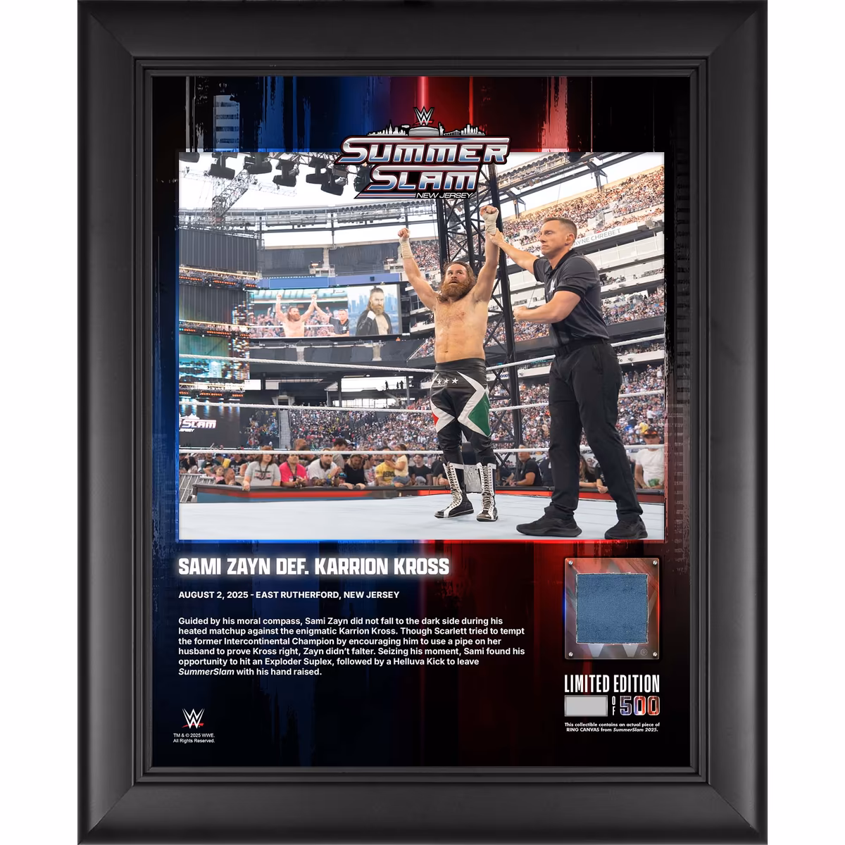 Sami Zayn WWE Framed 13" x 16" 2025 SummerSlam Night 1 Collage with a Piece of Match-Used Canvas - Limited Edition of 500 1 Sami Zayn WWE Framed 13" x 16" 2025 SummerSlam Night 1 Collage with a Piece of Match-Used Canvas - Limited Edition of 500