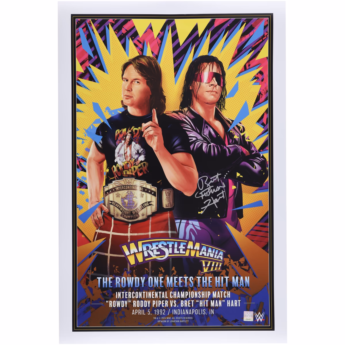 Bret Hart WWE Autographed 24" x 36" WrestleMania VIII vs. "Rowdy" Roddy Piper Jonathan Bartlett Art Print
