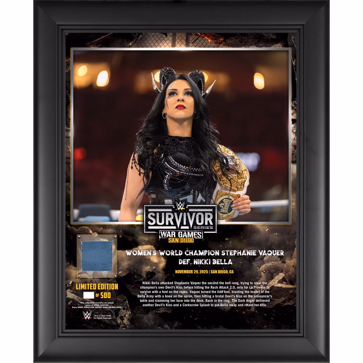 Stephanie Vaquer WWE Framed 13" x 16" 2025 Survivor Series Collage with a Piece of Match-Used Canvas - Limited Edition of 500