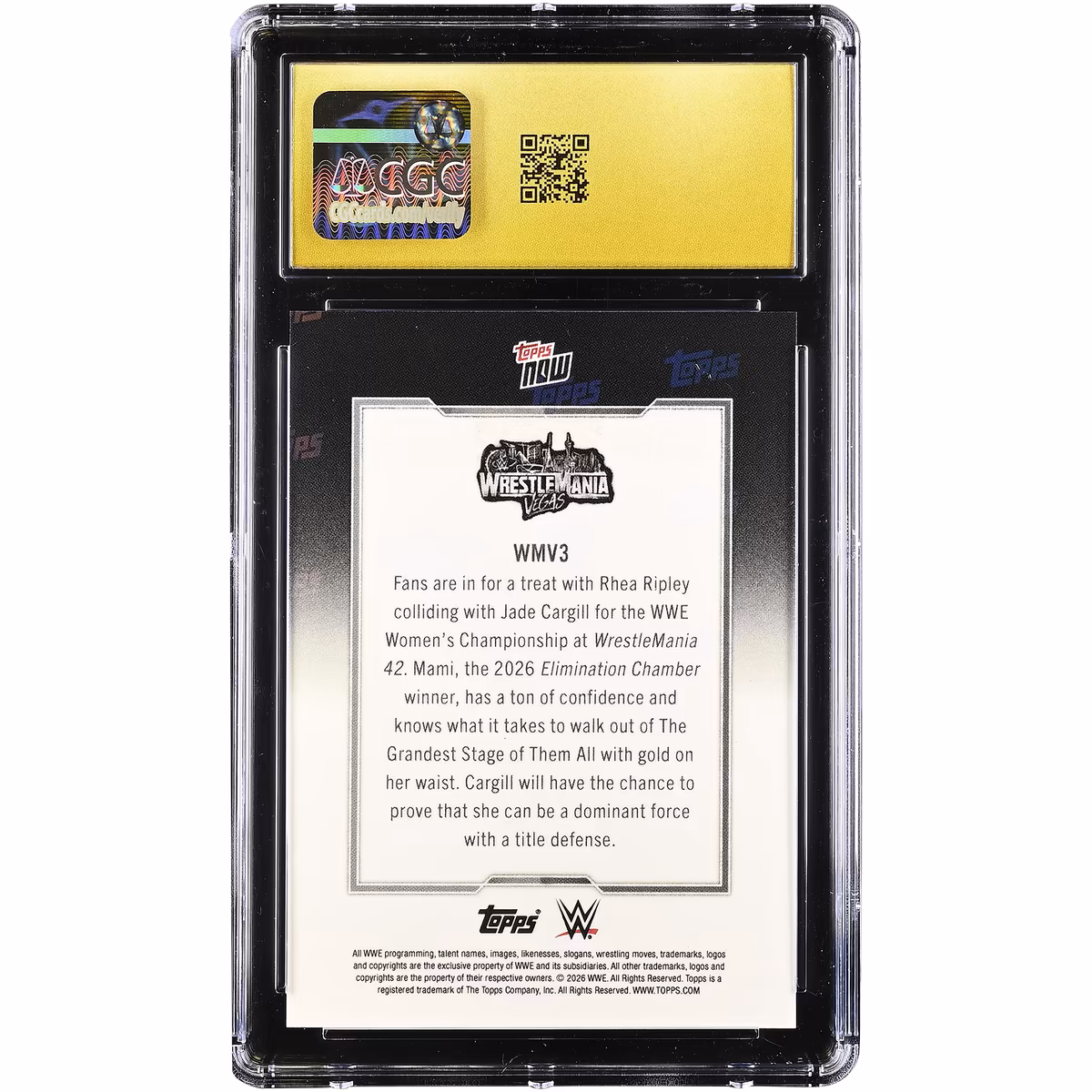 Jade Cargill & Rhea Ripley 2026 Topps Now WWE WrestleMania 42 #WMV3 CGC Authenticated PRISTINE 10 Card 3 Jade Cargill & Rhea Ripley 2026 Topps Now WWE WrestleMania 42 #WMV3 CGC Authenticated PRISTINE 10 Card