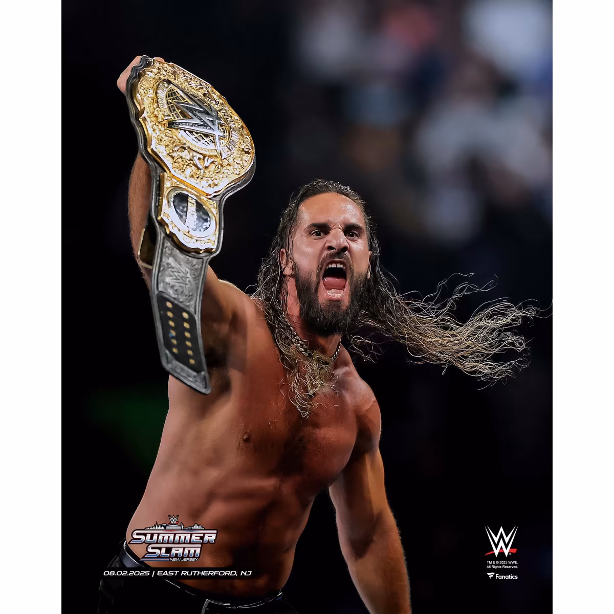 Seth Rollins WWE Unsigned 2025 SummerSlam Raising Title Photograph 8 Seth Rollins WWE Unsigned 2025 SummerSlam Raising Title Photograph