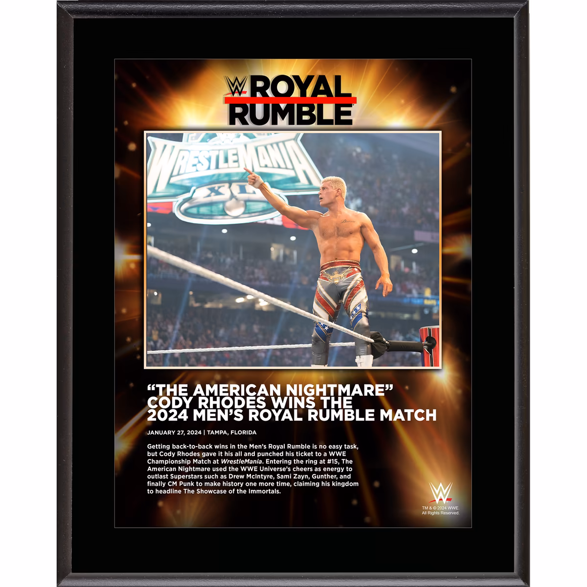 Cody Rhodes WWE 10.5" x 13" 2024 Royal Rumble Sublimated Plaque