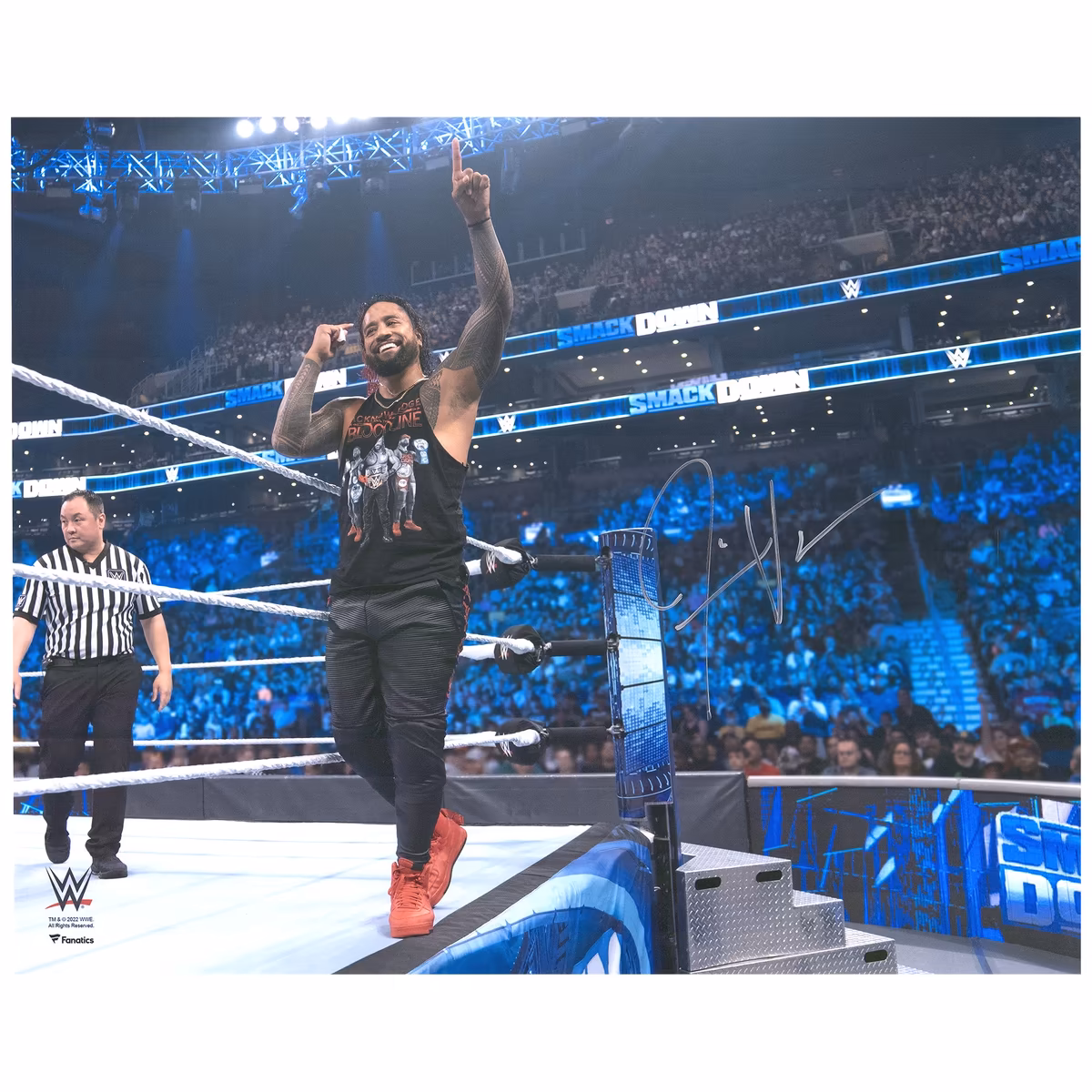 Jimmy Uso Autographed 16" x 20" On Ring Apron 1's Up Photograph 2 Jimmy Uso Autographed 16" x 20" On Ring Apron 1's Up Photograph