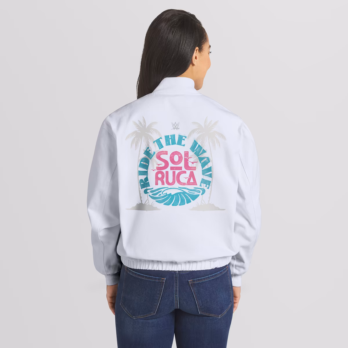Women's WEAR by Erin Andrews White Sol Ruca Ride The Wave Denim Full-Zip Bomber Jacket 3 Women's WEAR by Erin Andrews White Sol Ruca Ride The Wave Denim Full-Zip Bomber Jacket