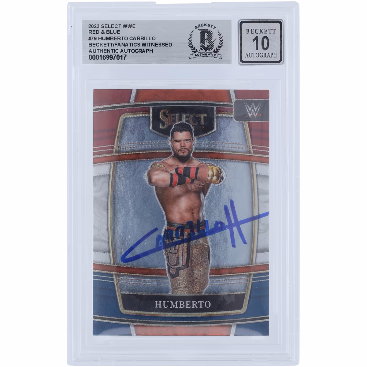 Humberto Carrillo WWE Autographed 2022 Panini Select Red & Blue #79 Beckett Fanatics Witnessed Authenticated 10 Card