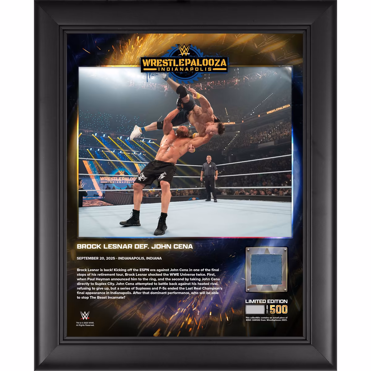 Brock Lesnar WWE Framed 13" x 16" Wrestlepalooza 2025 Collage with a Piece of Match-Used Canvas - Limited Edition of 500 8 Brock Lesnar WWE Framed 13" x 16" Wrestlepalooza 2025 Collage with a Piece of Match-Used Canvas - Limited Edition of 500