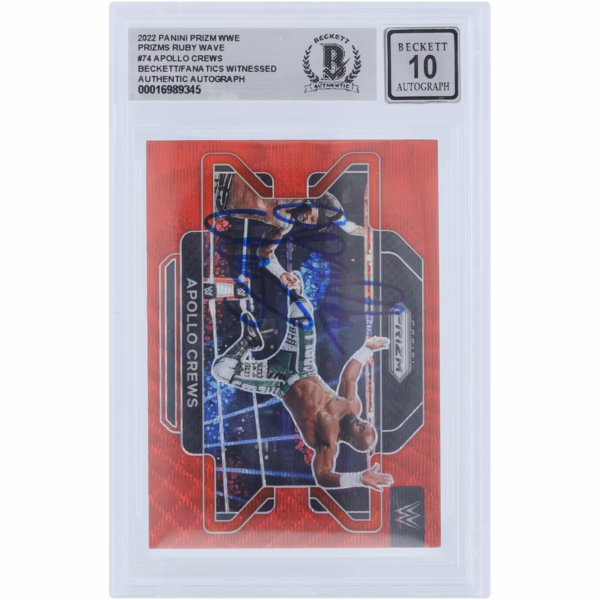 Apollo Crews WWE Autographed 2022 Panini Prizm Ruby Wave Prizm #74 Beckett Fanatics Witnessed Authenticated 10 Card
