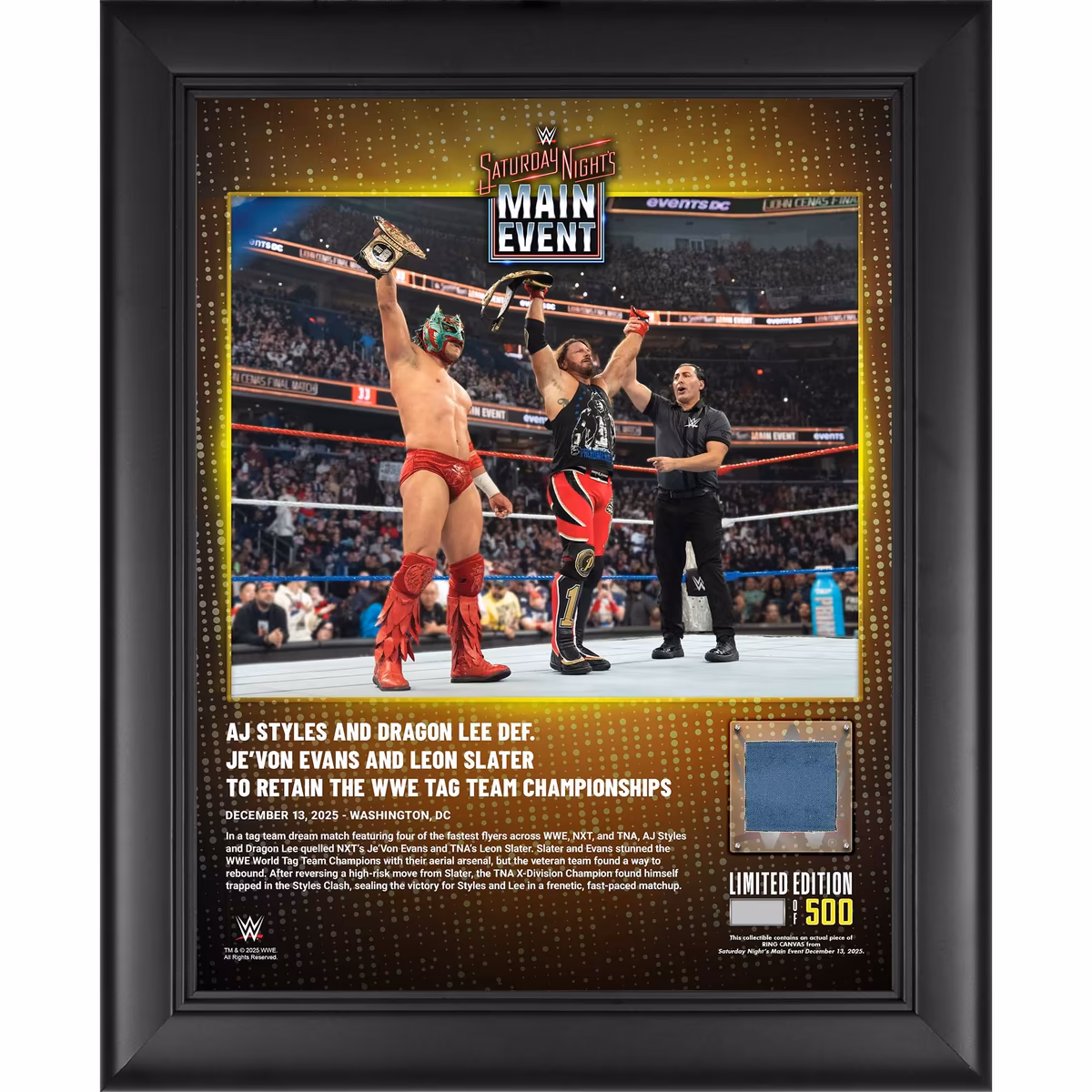 AJ Styles & Dragon Lee WWE Framed 13" x 16" Saturday Night's Main Event December 13, 2025 Collage with a Piece of Match-Used Canvas - Limited Edition of 500