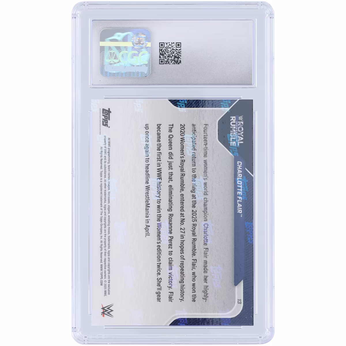 Charlotte Flair WWE 2025 Topps Now Wins Second Career Women's Royal Rumble #13 CGC Authenticated 9.5 Card 3 Charlotte Flair WWE 2025 Topps Now Wins Second Career Women's Royal Rumble #13 CGC Authenticated 9.5 Card