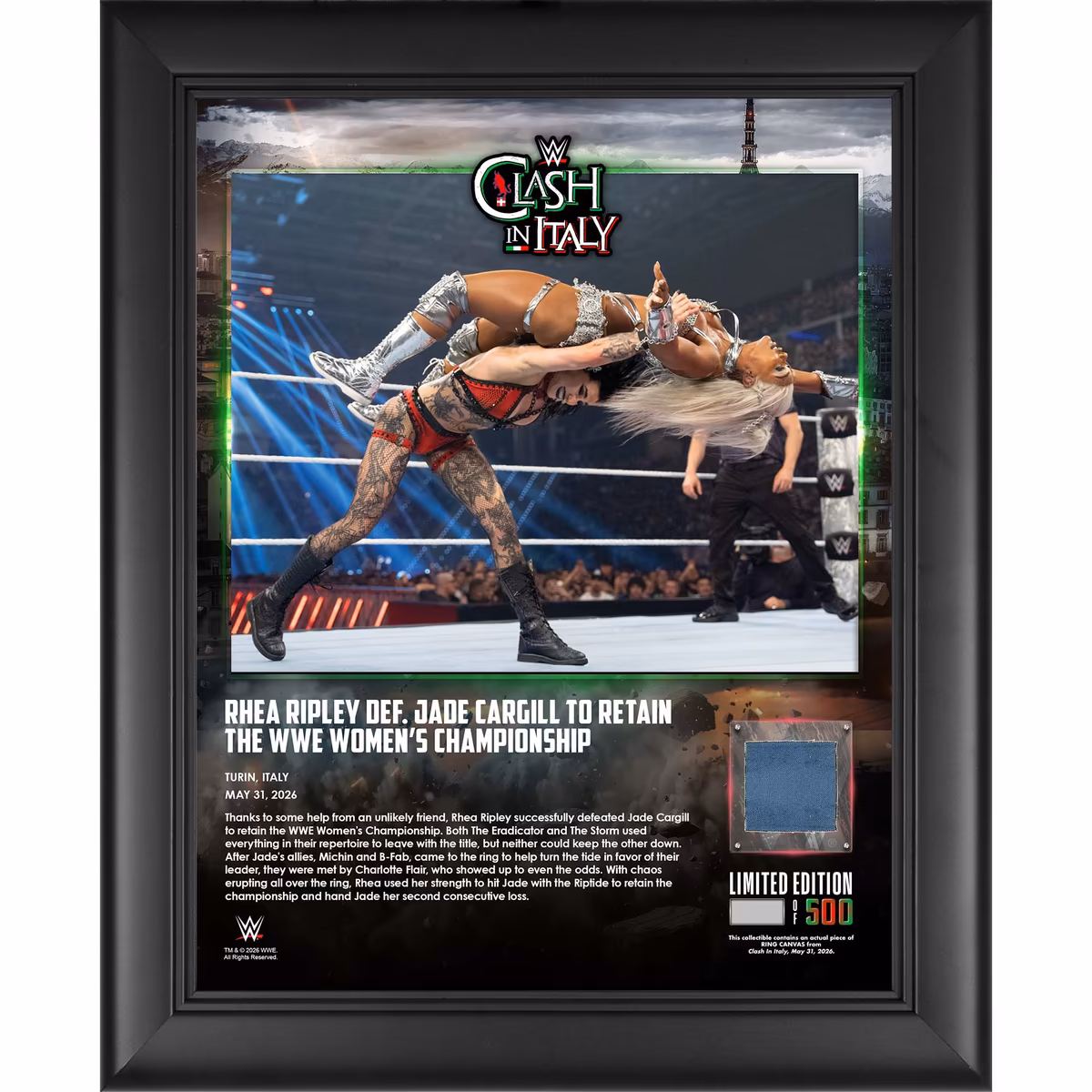 Rhea Ripley WWE Framed 13" x 16" Clash in Italy 2026 Collage with a Piece of Match-Used Canvas - Limited Edition of 500 8 Rhea Ripley WWE Framed 13" x 16" Clash in Italy 2026 Collage with a Piece of Match-Used Canvas - Limited Edition of 500