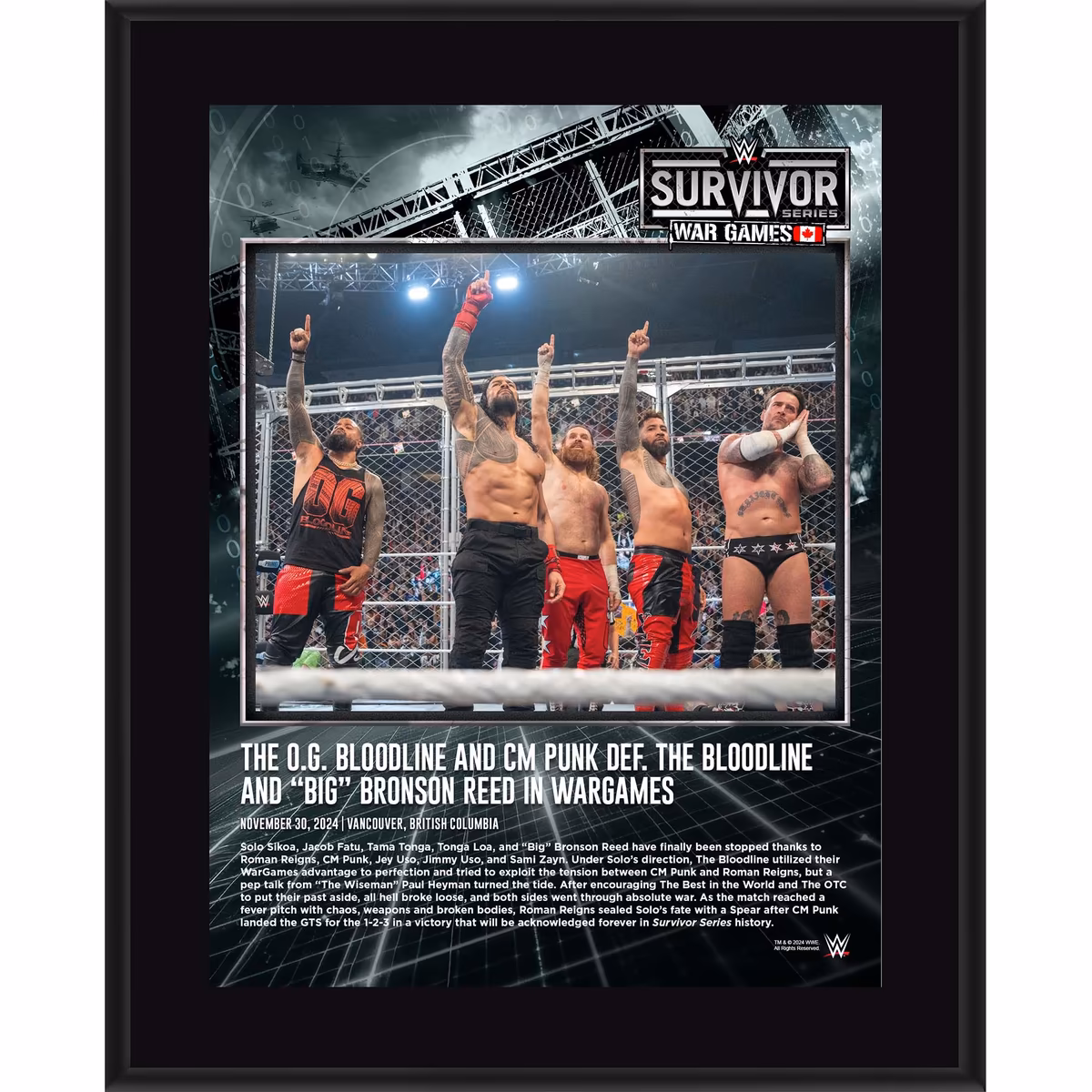 The O.G. Bloodline & CM Punk WWE 10.5" x 13" 2024 Survivor Series: WarGames Sublimated Plaque 2 The O.G. Bloodline & CM Punk WWE 10.5" x 13" 2024 Survivor Series: WarGames Sublimated Plaque