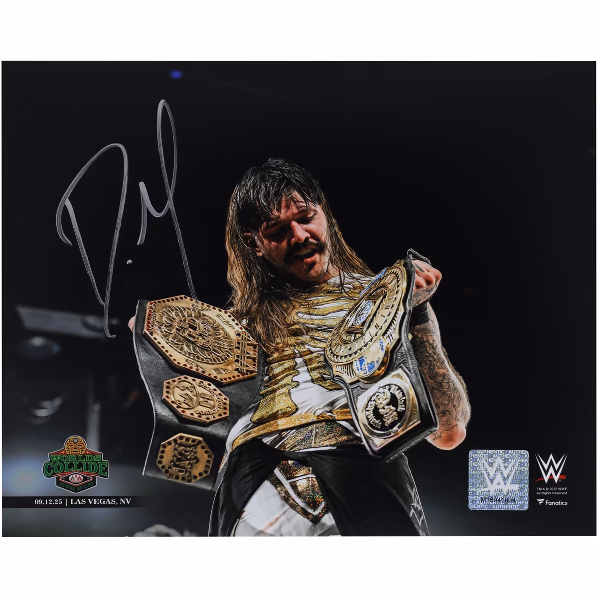 Dominik Mysterio WWE Autographed 8" x 10" AAA Worlds Collide Holding Both Titles Photograph 19 Dominik Mysterio WWE Autographed 8" x 10" AAA Worlds Collide Holding Both Titles Photograph