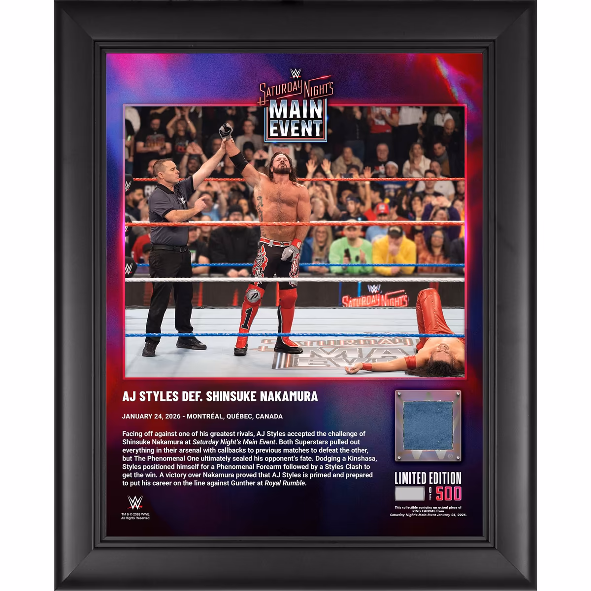 AJ Styles WWE Framed 13" x 16" Saturday Night's Main Event on January 24, 2026 Collage with a Piece of Match-Used Canvas - Limited Edition of 500