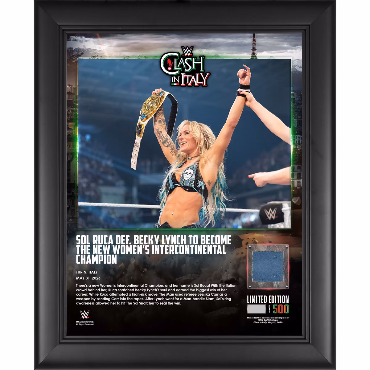 Sol Ruca WWE Framed 13" x 16" Clash in Italy 2026 Collage with a Piece of Match-Used Canvas - Limited Edition of 500