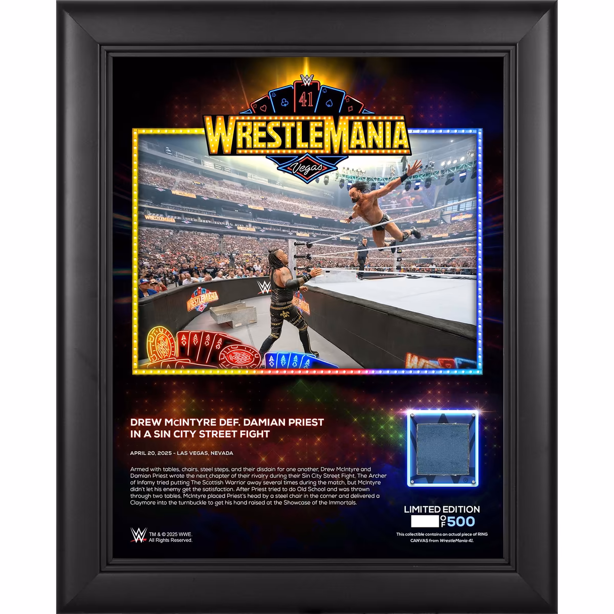 Drew McIntyre WWE Framed 13" x 16" WrestleMania 41 Night 2 Collage with a Piece of Match-Used Canvas - Limited Edition of 500 1 Drew McIntyre WWE Framed 13" x 16" WrestleMania 41 Night 2 Collage with a Piece of Match-Used Canvas - Limited Edition of 500