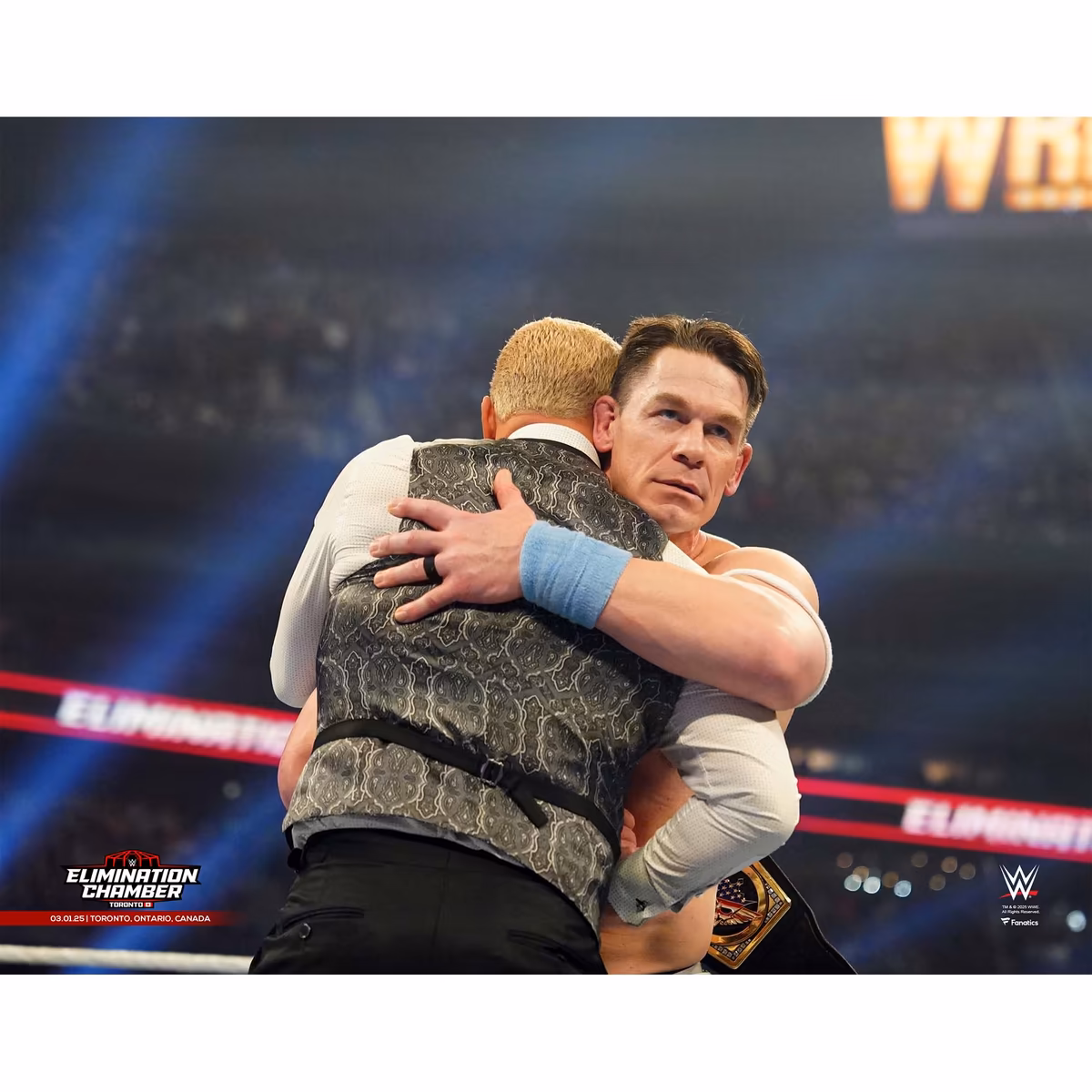 John Cena & Cody Rhodes WWE Unsigned 2025 Elimination Chamber Hug Photograph