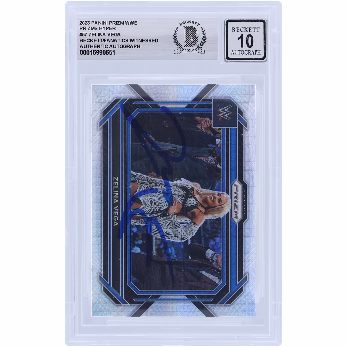 Zelina Vega WWE Autographed 2023 Panini Prizm Hyper Prizm #57 Beckett Fanatics Witnessed Authenticated 10 Card 2 Zelina Vega WWE Autographed 2023 Panini Prizm Hyper Prizm #57 Beckett Fanatics Witnessed Authenticated 10 Card