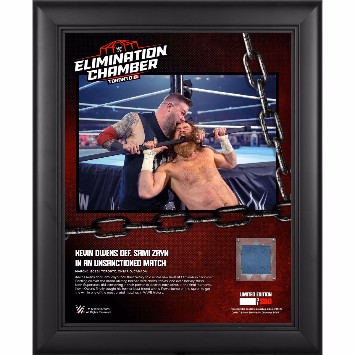 Kevin Owens WWE Framed 13" x 16" 2025 Elimination Chamber Collage with a Piece of Match-Used Canvas - Limited Edition of 500 8 Kevin Owens WWE Framed 13" x 16" 2025 Elimination Chamber Collage with a Piece of Match-Used Canvas - Limited Edition of 500