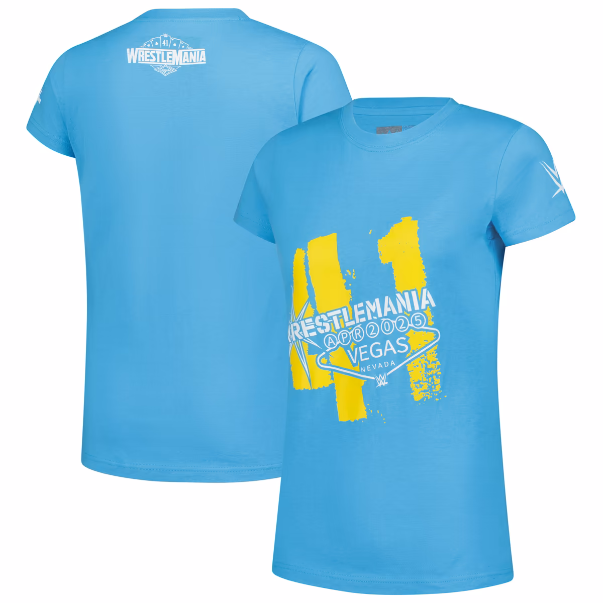 Women's WWE Authentic Blue WrestleMania Trendy Welcome Sign T-Shirt 2 Women's WWE Authentic Blue WrestleMania Trendy Welcome Sign T-Shirt