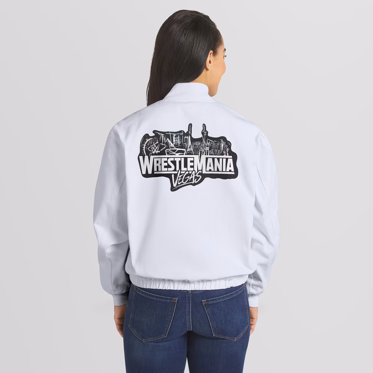 Women's WEAR by Erin Andrews White WrestleMania 42 Denim Full-Zip Bomber Jacket 3 Women's WEAR by Erin Andrews White WrestleMania 42 Denim Full-Zip Bomber Jacket