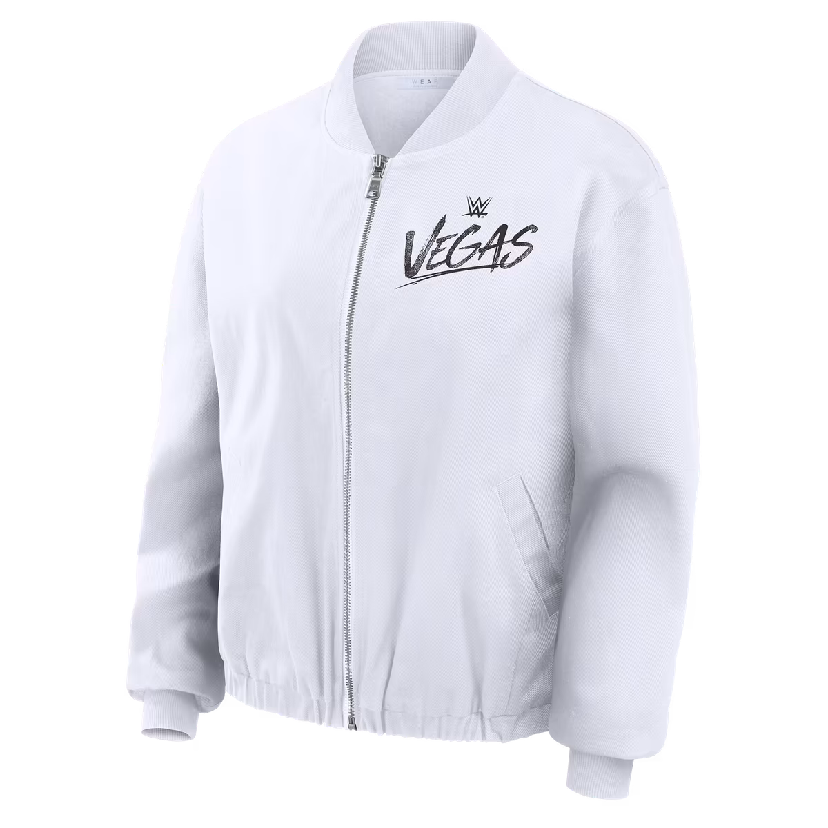 Women's WEAR by Erin Andrews White WrestleMania 42 Denim Full-Zip Bomber Jacket 4 Women's WEAR by Erin Andrews White WrestleMania 42 Denim Full-Zip Bomber Jacket