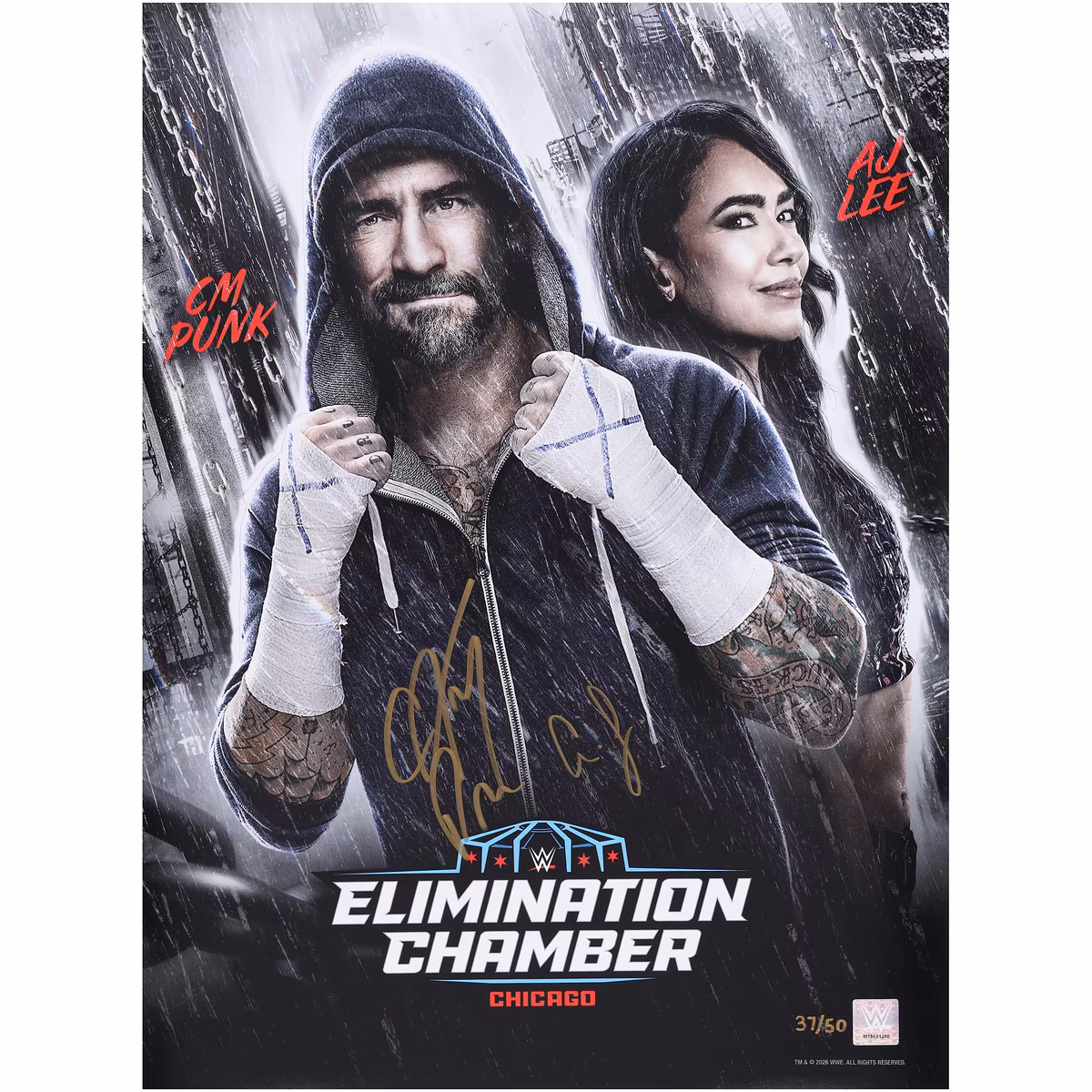 CM Punk & AJ Lee WWE Autographed 18" x 24" 2026 Elimination Chamber Event Poster Art Photograph - Limited Edition of 50