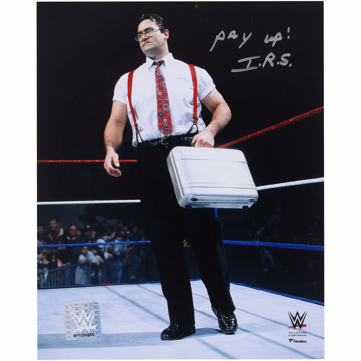 IRS WWE Autographed 8" x 10" In-Ring with Briefcase Photograph with "Pay Up!" Inscription