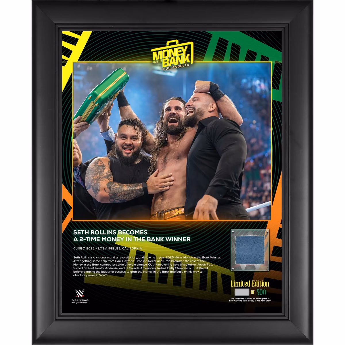 Seth Rollins WWE Framed 13" x 16" 2025 Money In The Bank Collage with a Piece of Match-Used Canvas - Limited Edition of 500