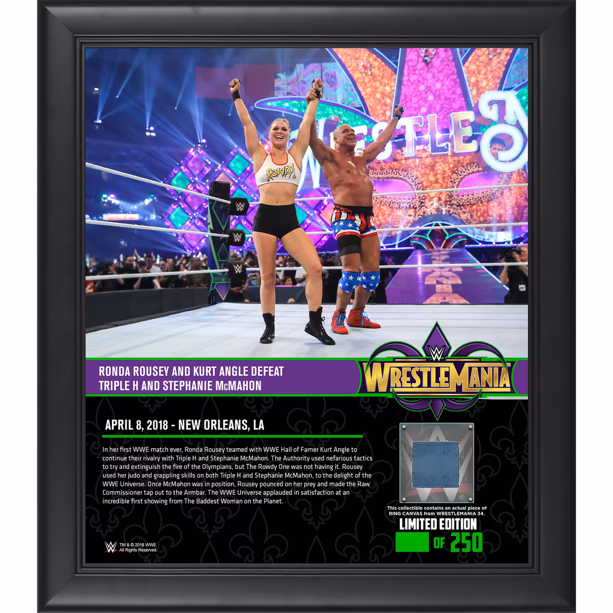 Kurt Angle & Ronda Rousey Framed 15" x 17" WrestleMania 34 Collage with a Piece of Match-Used Canvas - Limited Edition of 250