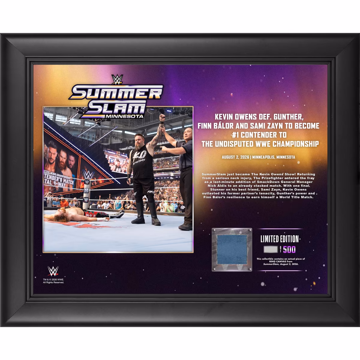Kevin Owens WWE Framed 13" x 16" SummerSlam 2026 Night 2 Collage with a Piece of Match-Used Canvas - Limited Edition of 500 1 Kevin Owens WWE Framed 13" x 16" SummerSlam 2026 Night 2 Collage with a Piece of Match-Used Canvas - Limited Edition of 500
