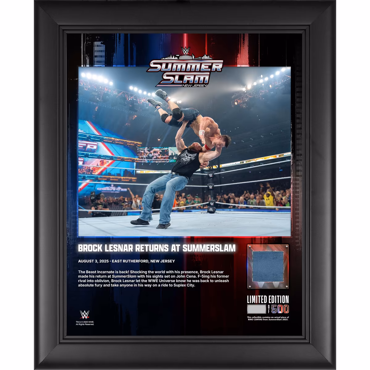 Brock Lesnar WWE Framed 13" x 16" 2025 SummerSlam Night 2 Collage with a Piece of Match-Used Canvas - Limited Edition of 500