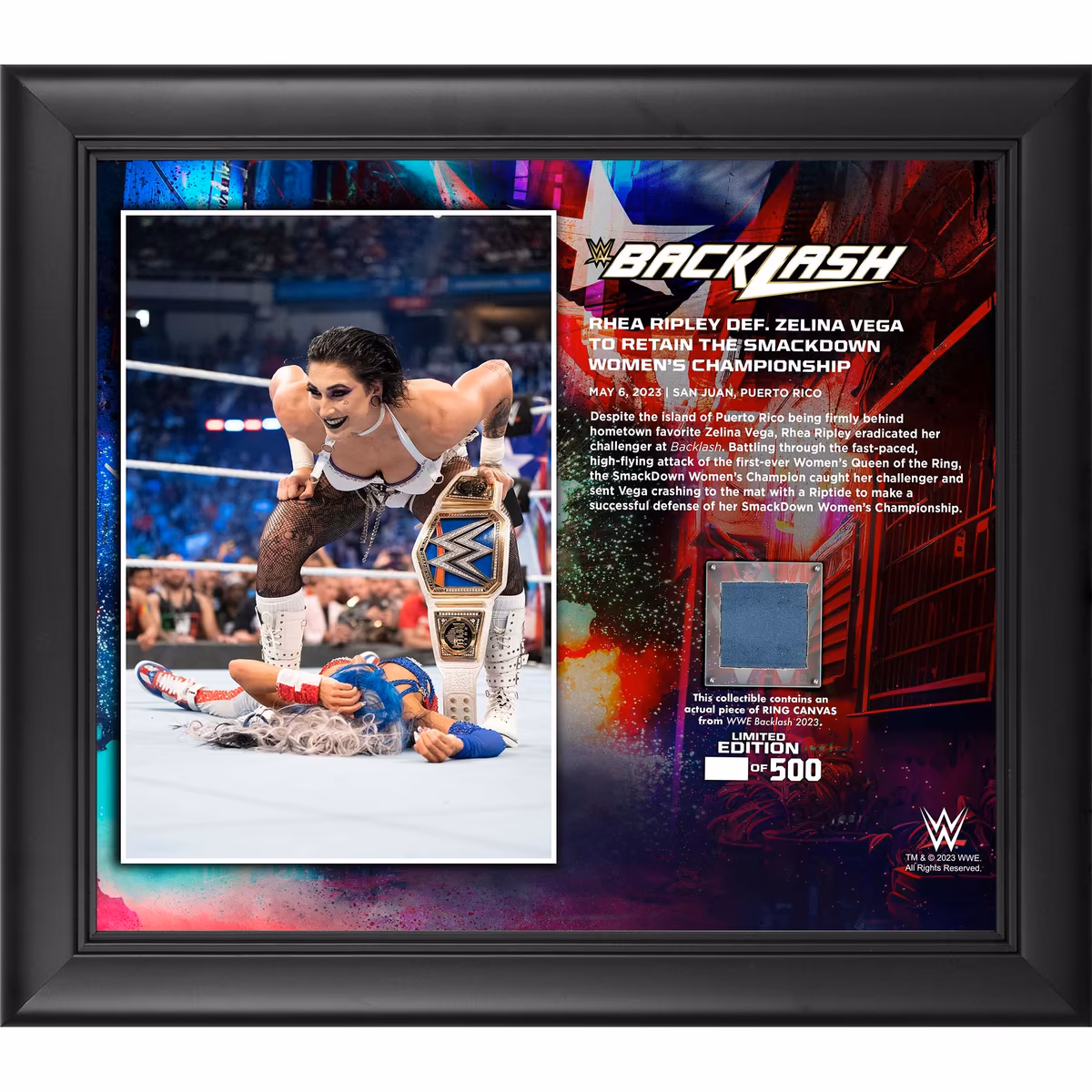 Rhea Ripley WWE Framed 15" x 17" 2023 Backlash Collage with a Piece of Match-Used Canvas - Limited Edition of 500 1 Rhea Ripley WWE Framed 15" x 17" 2023 Backlash Collage with a Piece of Match-Used Canvas - Limited Edition of 500