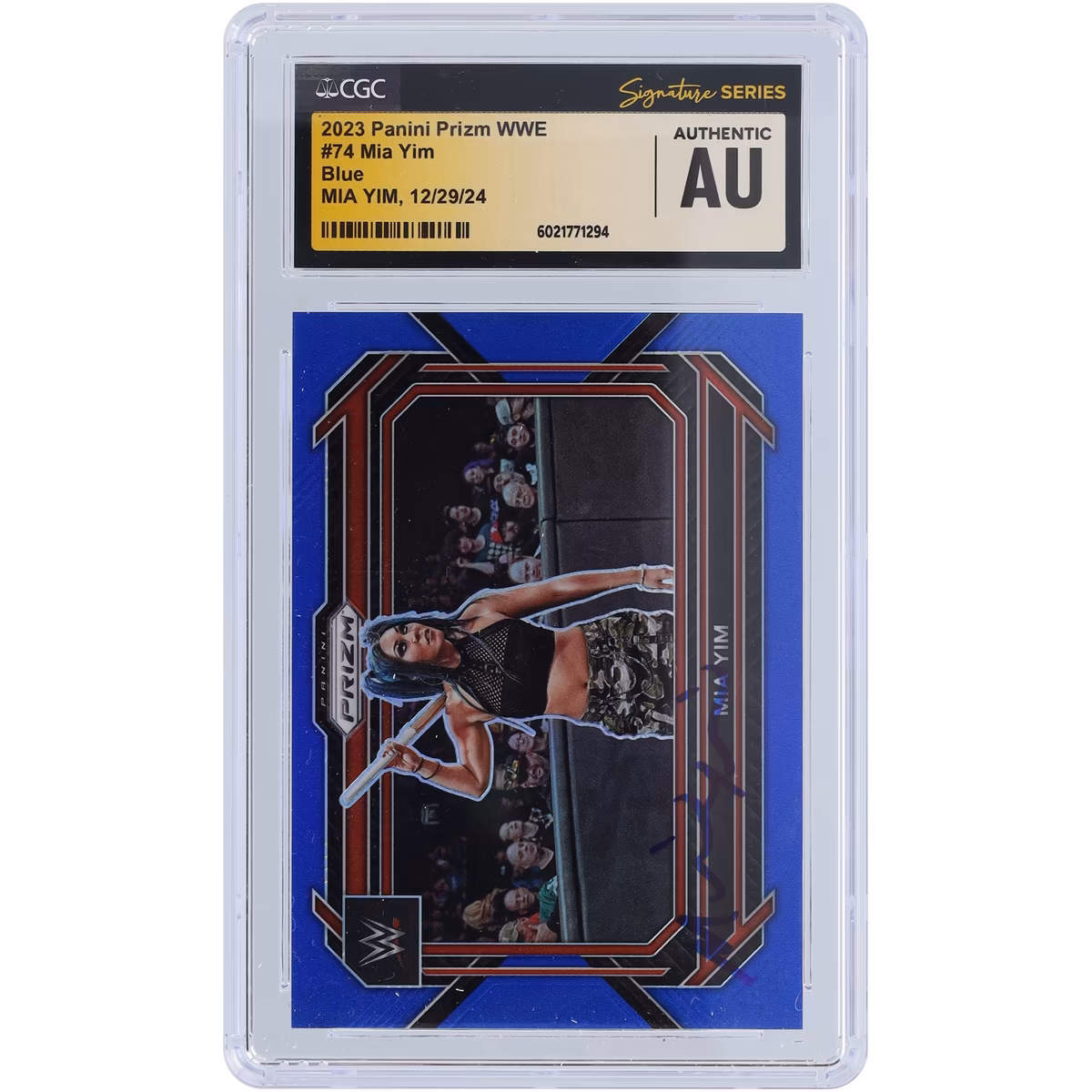 Mia Yim WWE Autographed 2023 Panini Prizm Blue Prizm #74 #/199 CGC Fanatics Witnessed Authenticated Card 1 Mia Yim WWE Autographed 2023 Panini Prizm Blue Prizm #74 #/199 CGC Fanatics Witnessed Authenticated Card