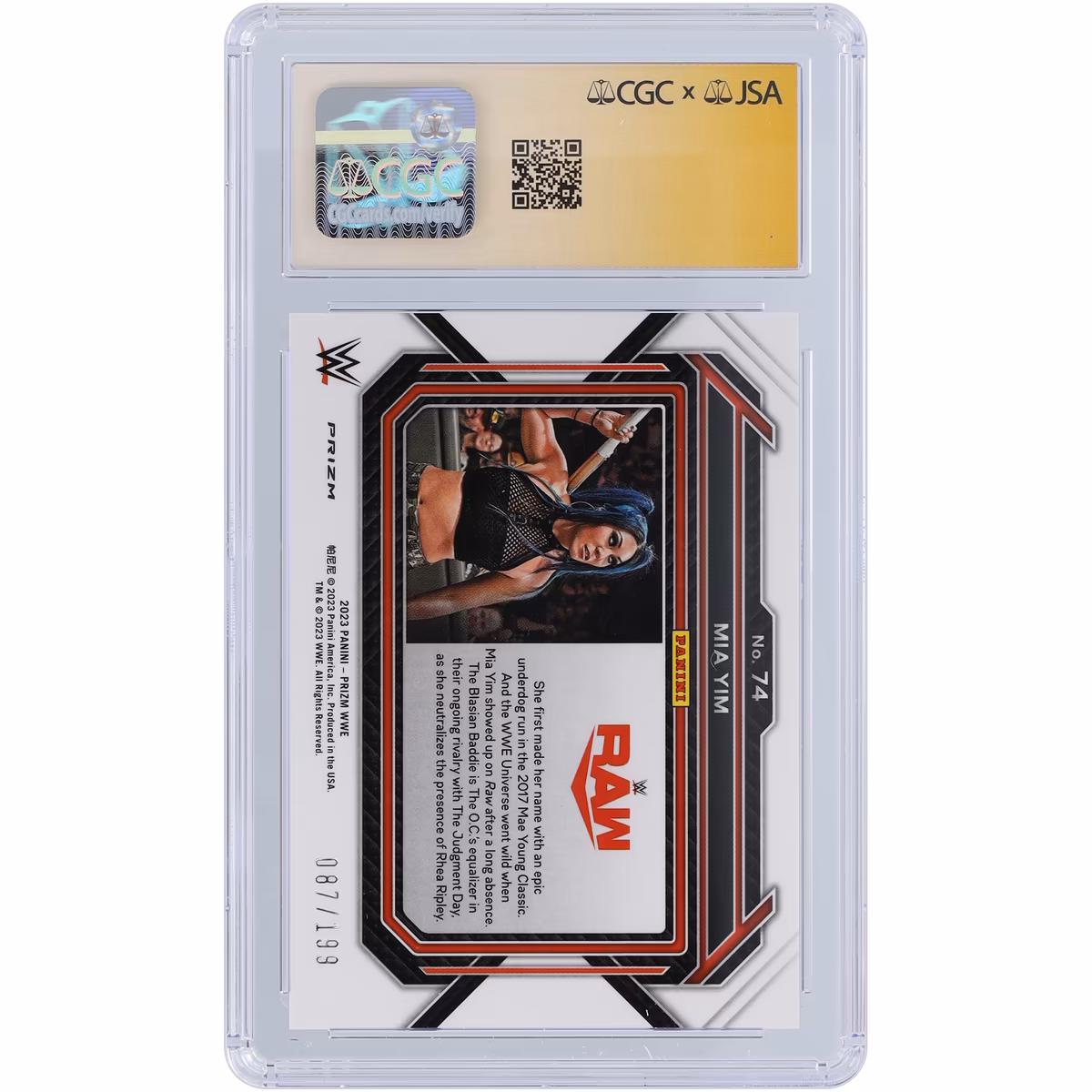 Mia Yim WWE Autographed 2023 Panini Prizm Blue Prizm #74 #/199 CGC Fanatics Witnessed Authenticated Card 3 Mia Yim WWE Autographed 2023 Panini Prizm Blue Prizm #74 #/199 CGC Fanatics Witnessed Authenticated Card