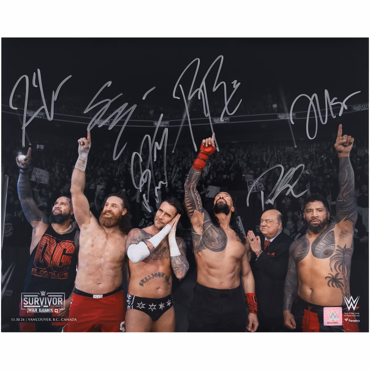 Roman Reigns, Jey Uso, Jimmy Uso, Sami Zayn, CM Punk & Paul Heyman WWE Autographed 16" x 20" Survivor Series: WarGames 2024 Photograph 1 Roman Reigns, Jey Uso, Jimmy Uso, Sami Zayn, CM Punk & Paul Heyman WWE Autographed 16" x 20" Survivor Series: WarGames 2024 Photograph